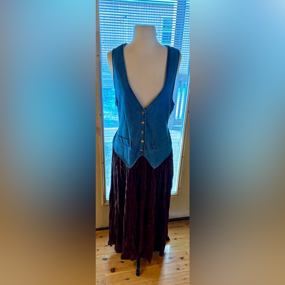 VTG Layered Look Midi Dress Jean Vest & Brown Velvet Skirt Size 12 Lagenlook USA